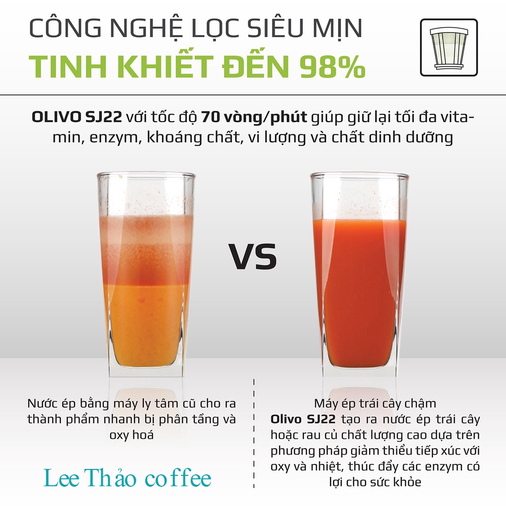 Máy Ép Chậm Trục Ngang Olivo SJ22 - Ép Trái Cây Hoa Quả, Siêu Kiệt Bã, Dễ Vệ Sinh - Bảo Hành Chính Hãng 2 năm