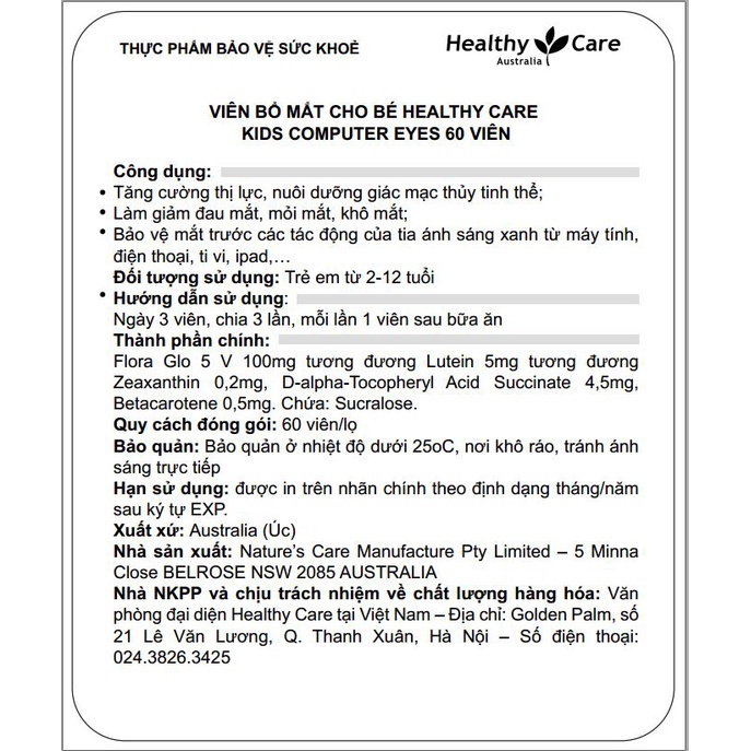 Kẹo Bổ Mắt Cho Bé Healthy Care Kids Computer Eyes Úc 60 Viên
