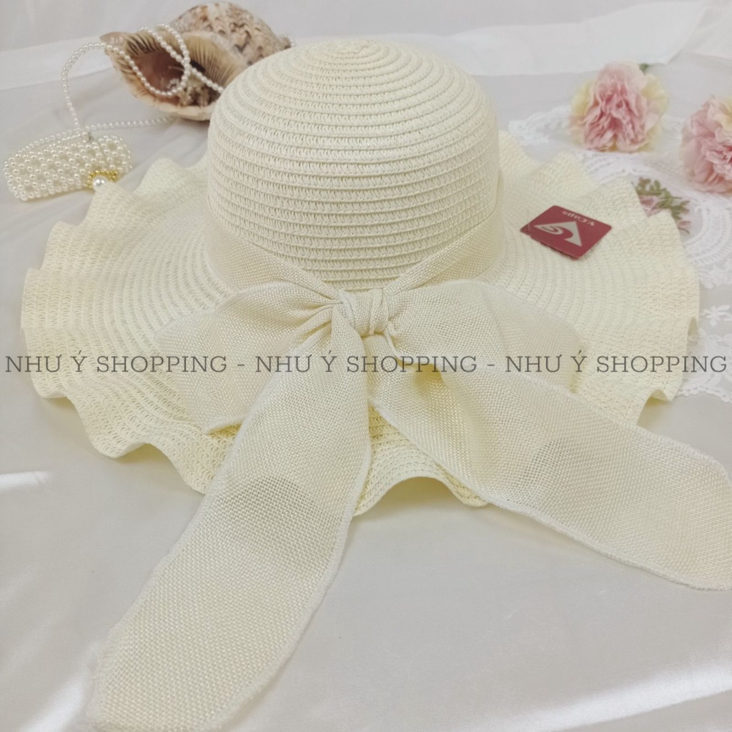 Nón cói mũ cói đi biển cho nữ gợn sóng vành to phối nơ đẹp  -Q12-vành to gợn sóng 4 màu