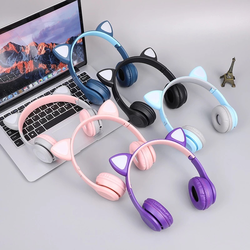 Tai Nghe Mèo Bluetooth Có Mic, Âm Bass Mạnh Mẽ, Pin 400mAh, Tai Mèo Đáng Yêu Có Đèn LED, P47 - P47M 💝Có quả tắng💝