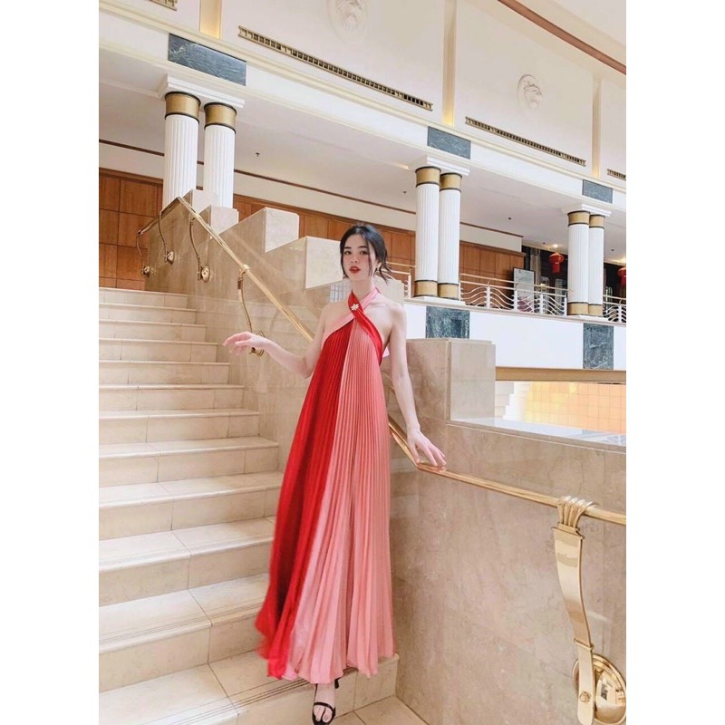 Đầm váy maxi dập ly cổ yếm phối màu siêu sống ảo, chụp hình Hakieu Msp026 ( hình chụp thật ) | BigBuy360 - bigbuy360.vn