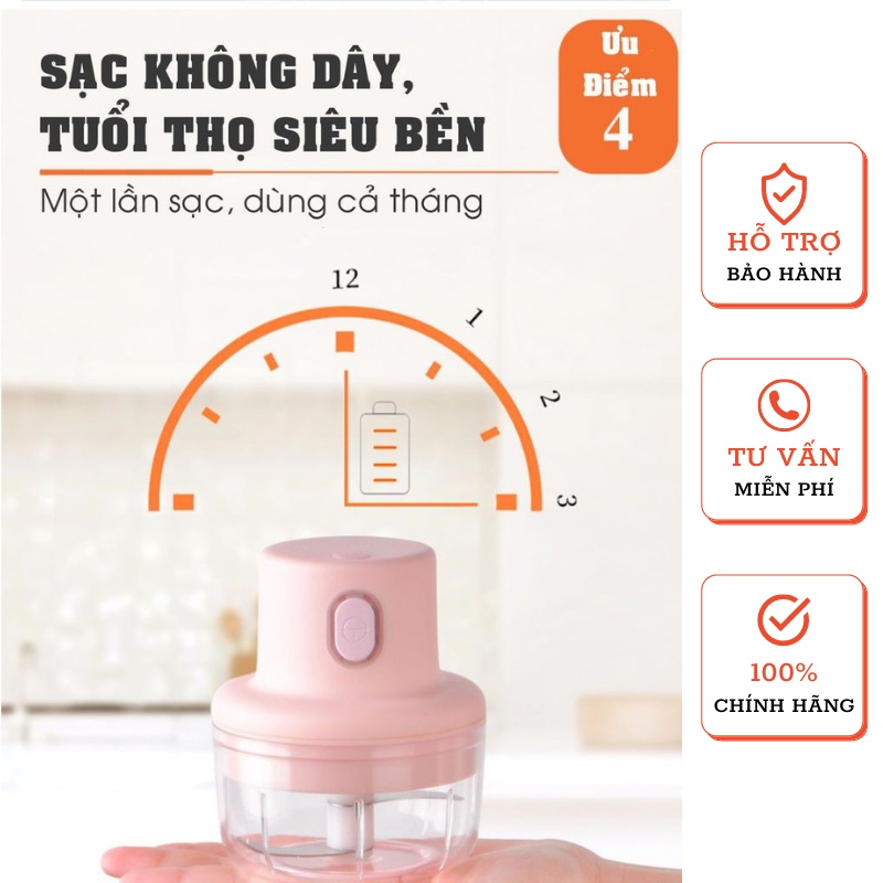 Máy xay tỏi ớt đa năng thể tích 250ml, máy xay mini cầm tay có cổng sạc USB tích điện