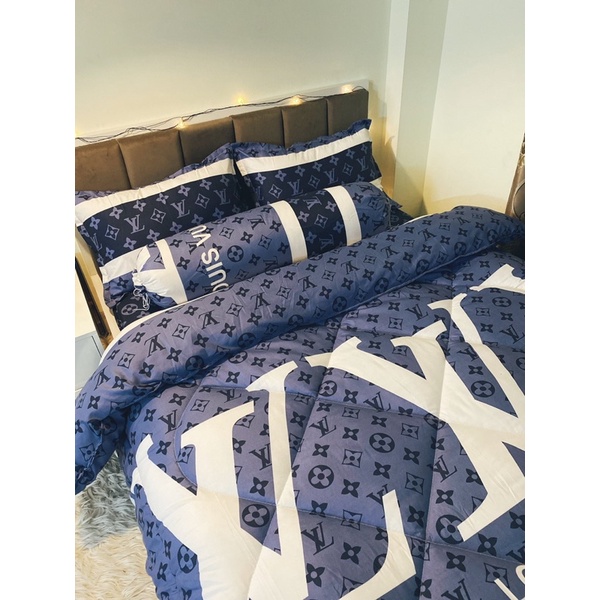Trọn bộ 5 món chăn ga gối set hè và set phao Cotton Poly mẫu LV Xanh