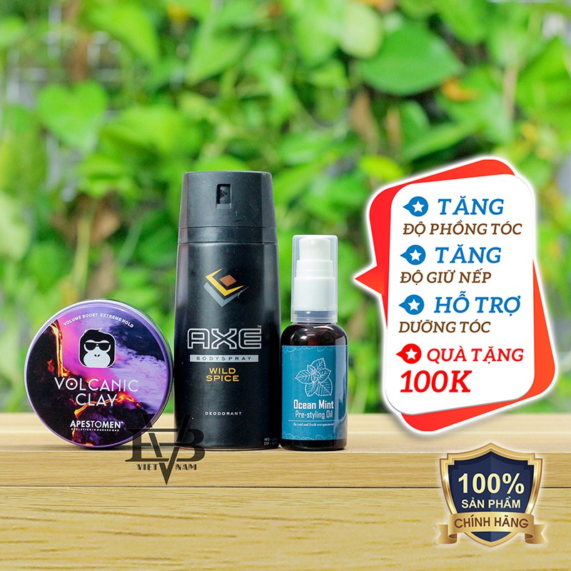 [COMBO + TẶNG] sản phẩm sáp vuốt tóc nam Volcanic Clay + Xịt khử mùi toàn thân AXE 150ml - Tặng Pre Ocean Mint 30ml V2