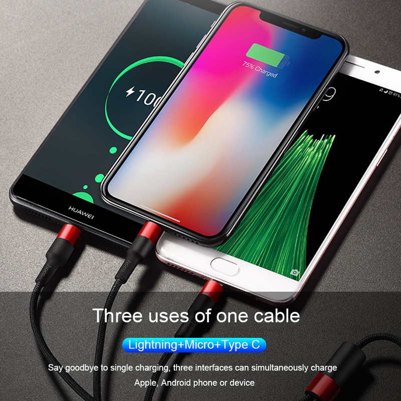 Dây cáp sạc HOCO X26 3 trong 1 cổng Micro USB Type C cho  11 Pro X XS Max XR 7 8 Android