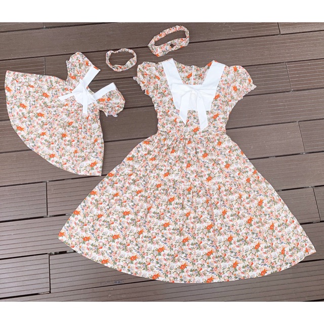 (Tặng turban) Set váy đầm thiết kế cho mẹ và bé từ 3 tháng tuổi (6-30kg) nơ ngực trắng chất mềm mịn mát