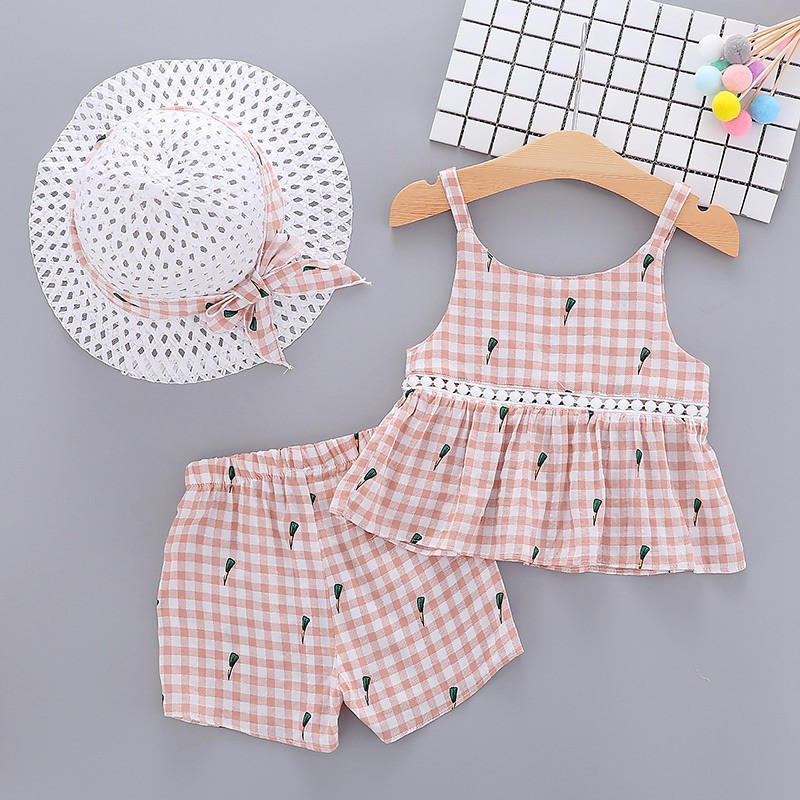 Bộ áo sát nách in hoa + quần ngắn + Mũ cho bé gái