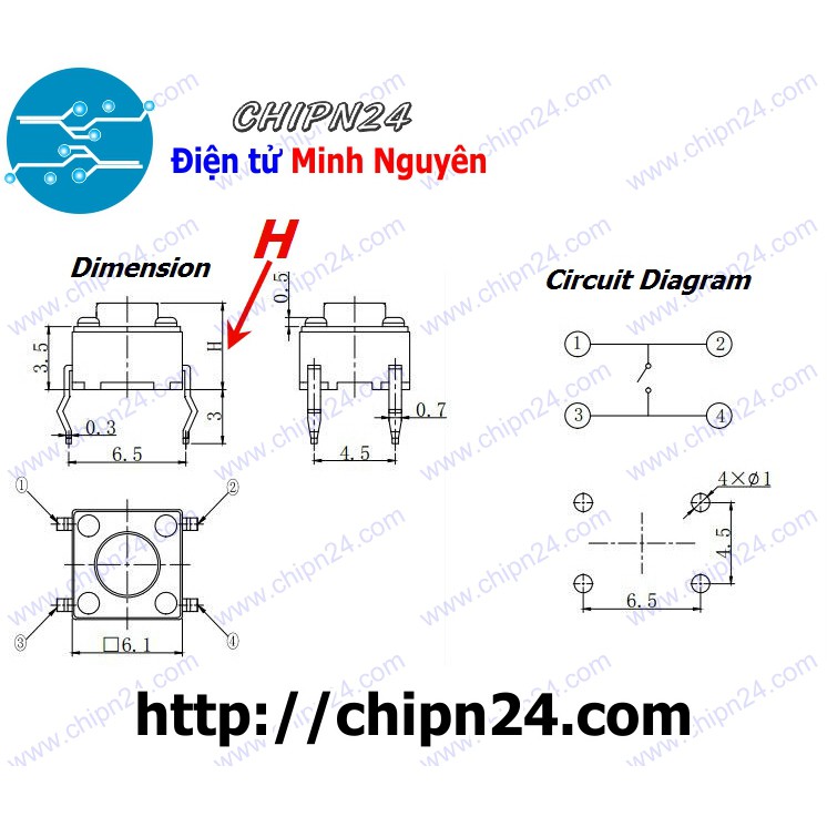 [10 CÁI] Nút nhấn 4 chân 6x6x12mm DIP