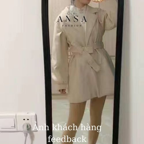 Áo khoác dạ nữ tay bồng có dây đai bụng, phong cách retro