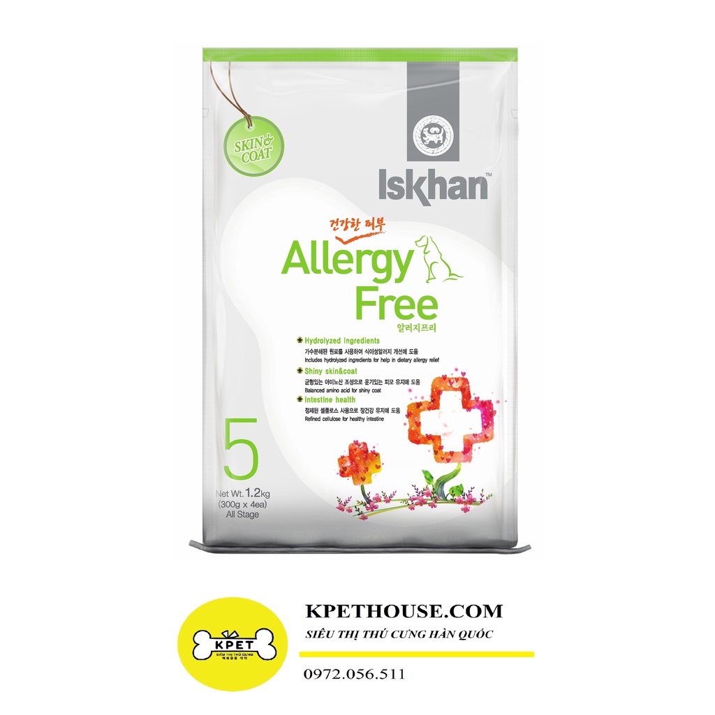 Thùng thức ăn Hàn Quốc Iskhan Allergy Free cho chó HỖ TRỢ VÀ NGỪA VIÊM DA DỊ ỨNG 1.2kg x 10 túi