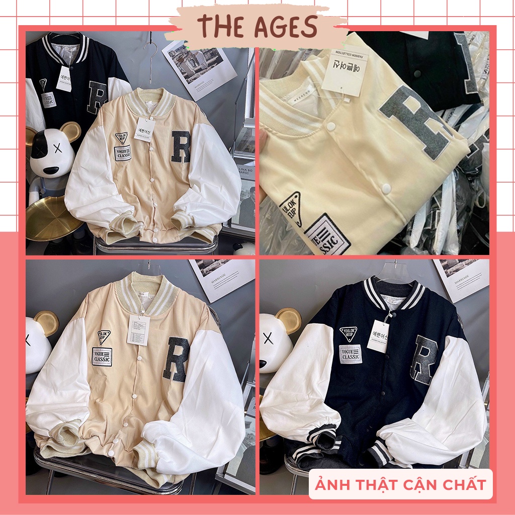 Áo bomber varsity jacket - Áo khoác bomber unisex   thêu chữ R chất vải da lộn 2 lớp cao cấp