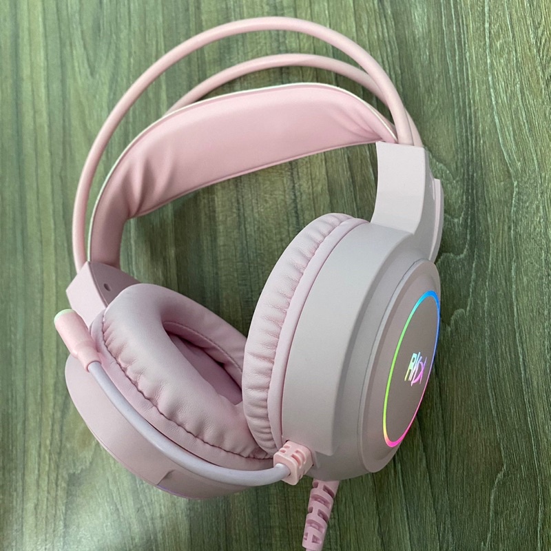 Tai nghe chụp tai, tai nghe gaming RKX kèm mic có đèn led dễ thương. màu hồng chân usb 7.1