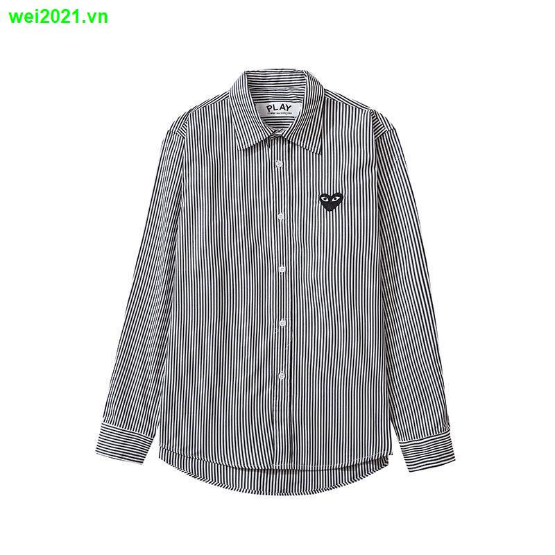 Áo sơ mi tay dài kẻ sọc thêu hình trái tim màu đen phong cách Nhật Bản thời trang cho nam
