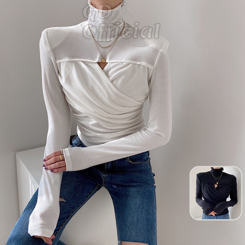 L57|Áo len tăm dệt kim cổ cao nữ thun gân co giãn có đệm vai hở ngực chéo vạt dài tay trơn mỏng trắng, đen GD Official