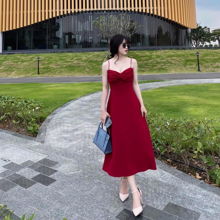 Đầm 2 dây xoắn ngực chất xốp nhún siêu xinh