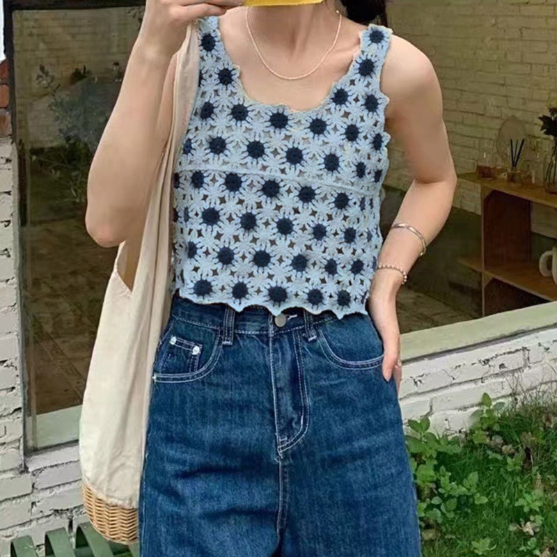 Áo Croptop Dệt Kim Không Tay Thêu Hoa Cúc Thời Trang Mùa Xuân Cho Nữ