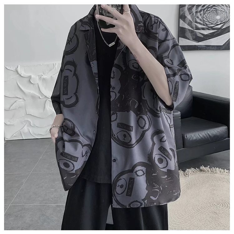 Short Sleeve Shirt With Cartoon Bear Pattern Korean Style Summer Men's Fashion 2022