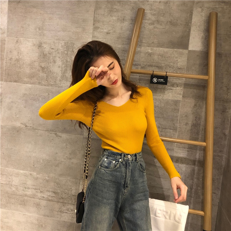 Áo len nữ thu đông cổ chữ V dài tay dáng Hàn Quốc  YUKAGO 1554525555