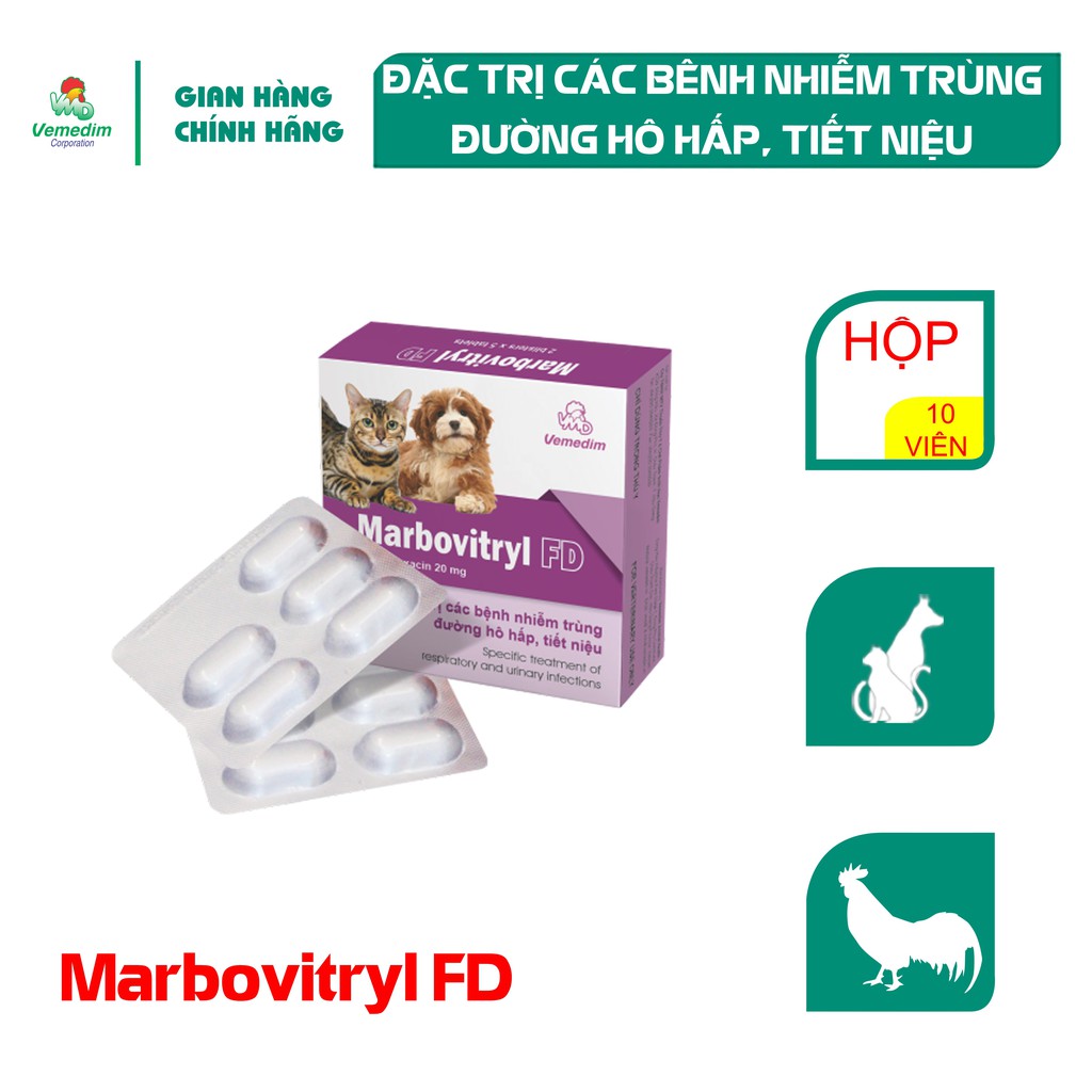Vemedim Marbovitryl FD dùng cho chó, mèo, gà đá viêm hô hấp, tiết niệu, hộp 10 viên