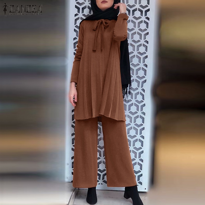 Bộ đồ hồi giáo ZANZEA gồm áo tay dài cổ buộc dây và quần ống rộng eo cao xếp ly thanh lịch cho nữ