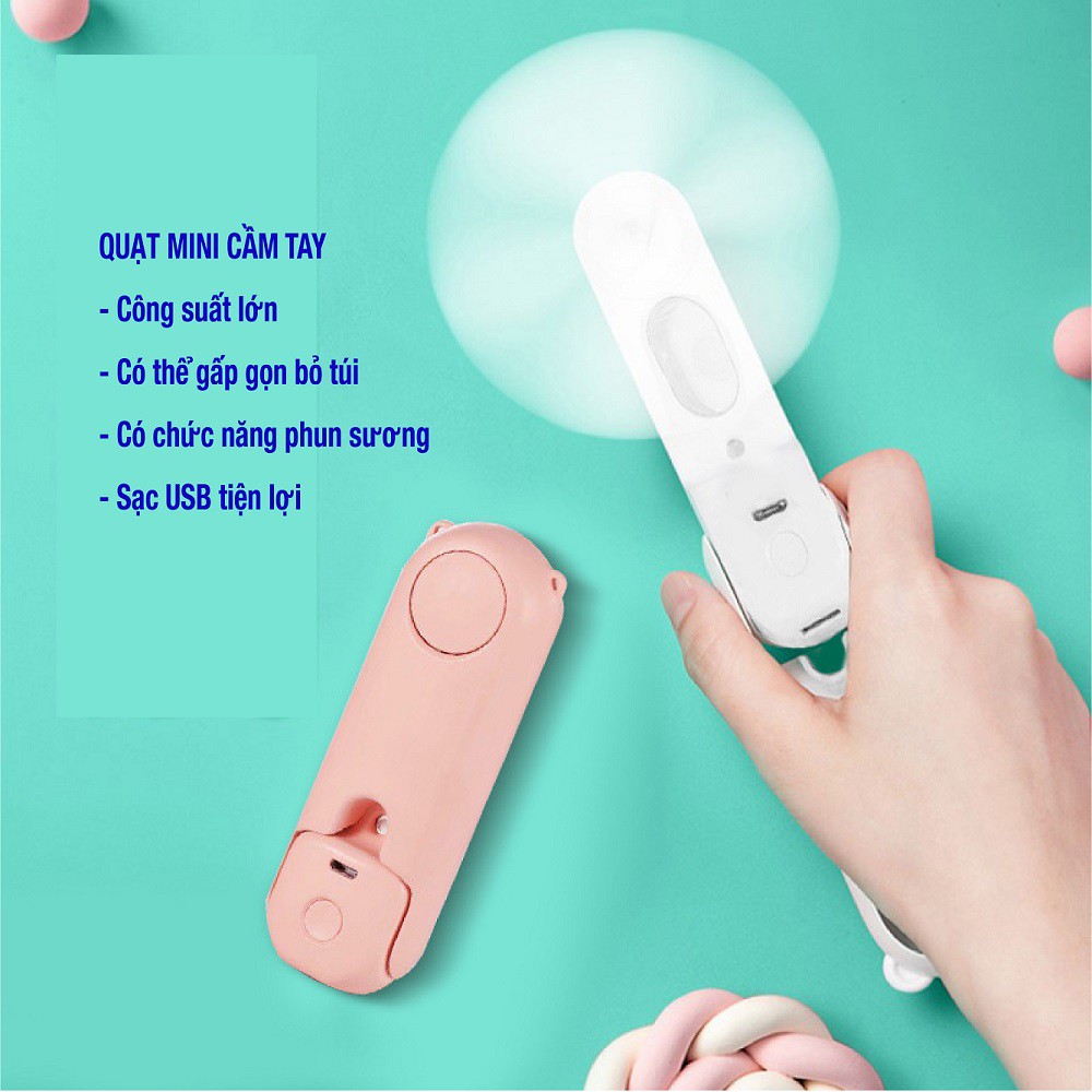 Quạt Mini Cầm Tay Công Suất Lớn Sử Dụng Sạc USB Có Chế Độ Phun Sương Gấp Gọn Tiện Lợi