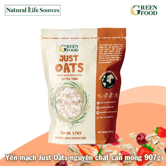 [Mã LT50 giảm 50k đơn 250k] Yến Mạch Chile JUST OATS Green Food nguyên chất ăn liền cán mỏng 907g