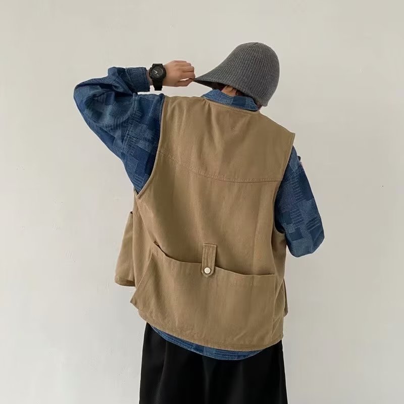 Áo Khoác Không Tay Dáng Rộng Nhiều Túi Phong Cách Retro Nhật Bản Dành Cho Nam Và Nữ