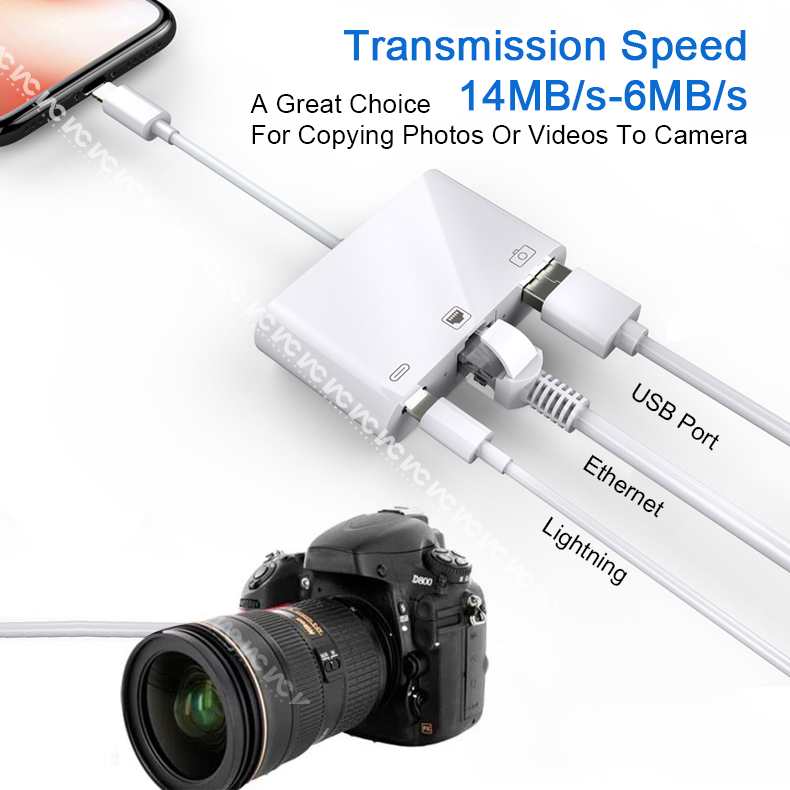 Thiết bị chuyển đổi có dây từ lightning sang Ethernet LAN kiêm đầu đọc camera 3 trong 1 USB cáp OTG đồng bộ dữ liệu và sạc nhanh