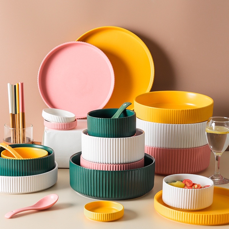 (LẺ MÓN) Bát đĩa sứ tròn men mờ pastel vân sọc La Mã sang trọng - Sứ cao cấp không chì p/c Bắc Âu