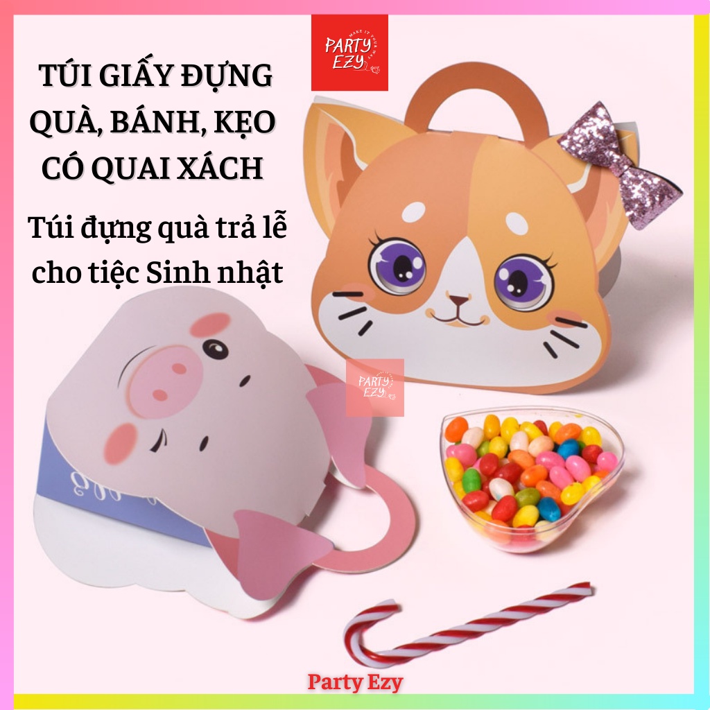 TÚI GIẤY ĐỰNG QUÀ, BÁNH KẸO THIẾT KẾ HÌNH HEO CON VÀ MÈO CON CÓ QUAI XÁCH