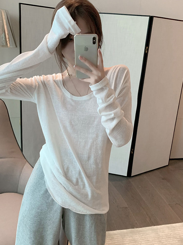 IELGY Áo Thun Tay Dài Cổ Tròn Dáng Rộng Màu Trắng Thời Trang Xuân Hè Mới Dành Cho Bạn Nữ