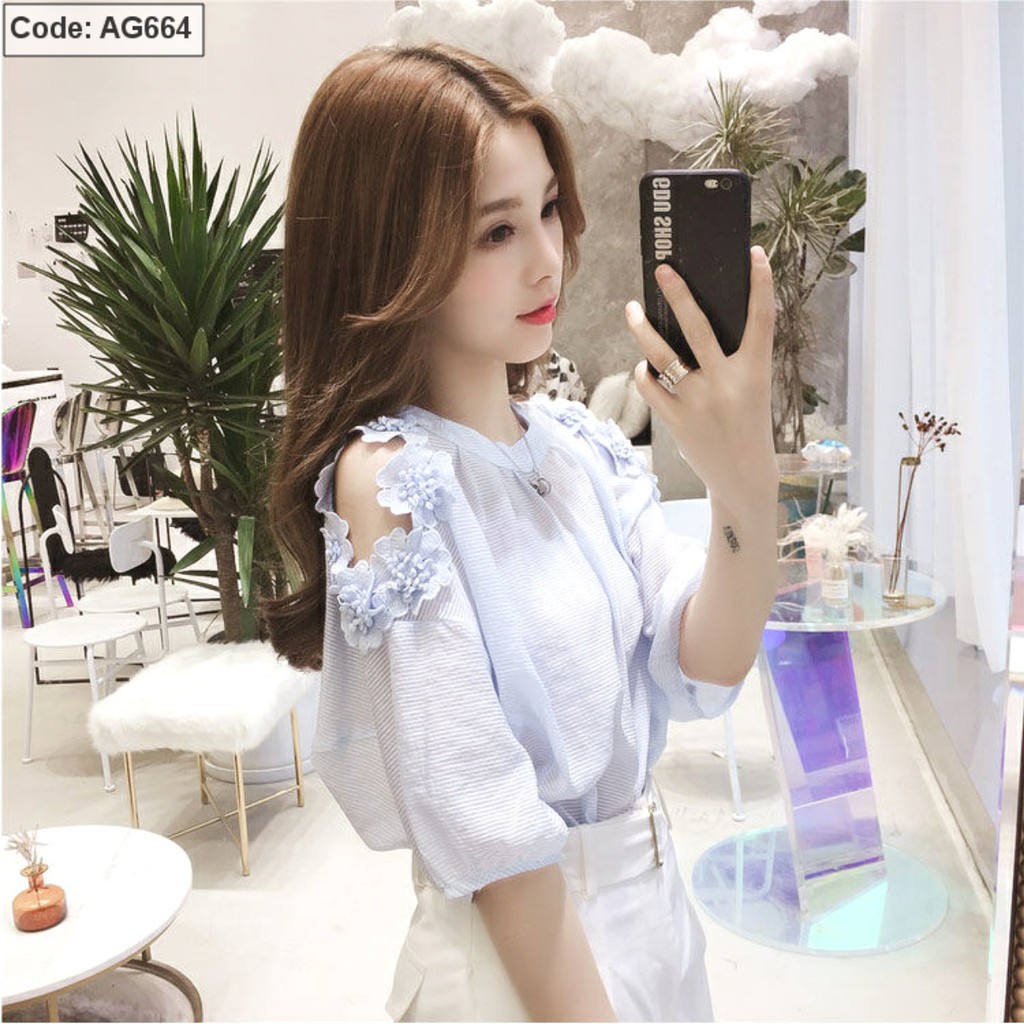 Áo Sơ Mi Nữ Vải Voan Hoa Nổi Trễ Vai Tay Lỡ Freesize từ 40 đến 53kg Với 2 Màu Trắng Và Xanh Biển | BigBuy360 - bigbuy360.vn