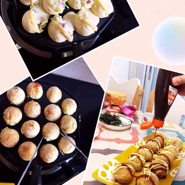 Khuôn làm bánh Takoyaki Nhật Bản size 12 lỗ bằng gang chống dính, tay cầm bằng gỗ dùng được bếp từ