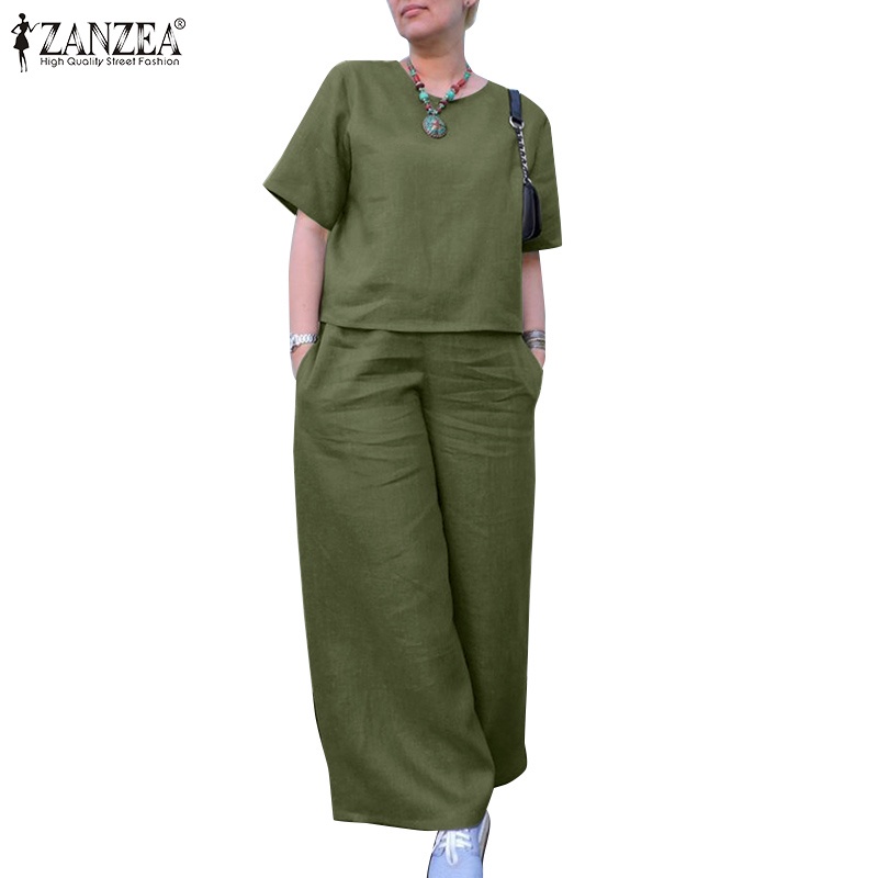 Bộ áo thun tay lỡ cổ tròn + quần dài ống rộng ZANZEA thời trang cho nữ
