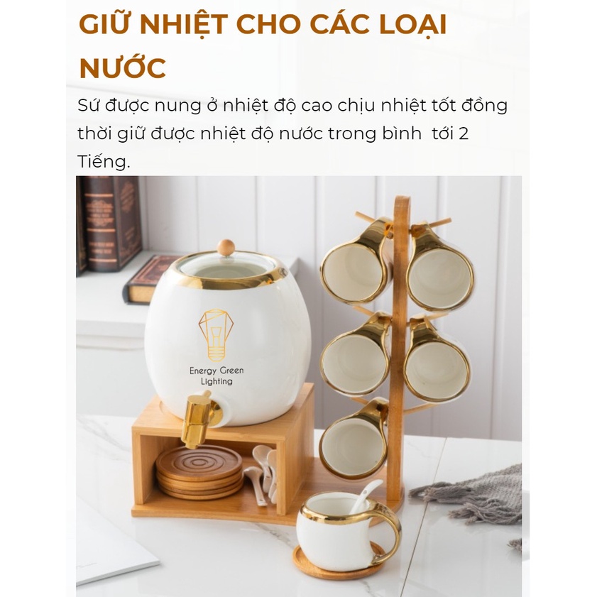 Bộ Chum Trà 6 Ly Bằng Sứ Energy Green Lighting Cao Cấp - Dung Tích 3L - Chum Trà Sứ Đa Năng Nước Detox, Nước Hoa Quả,Trà