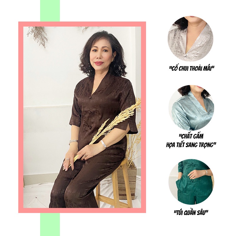 Đồ trung niên SBORG bộ pijama nữ mặc nhà gấm cổ chui tay lửng quần ống suông có túi 50-85 kg quà tặng mẹ lam đi chùa