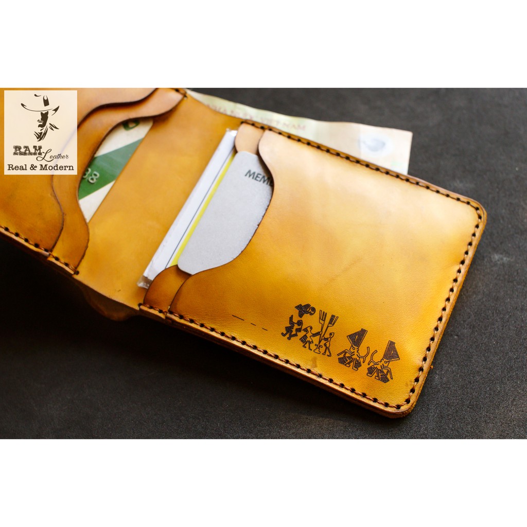 Ví nam da bò RAM Leather Khắc Trống Đồng Việt Nam Da Bò Italia Vegtan Màu Vàng