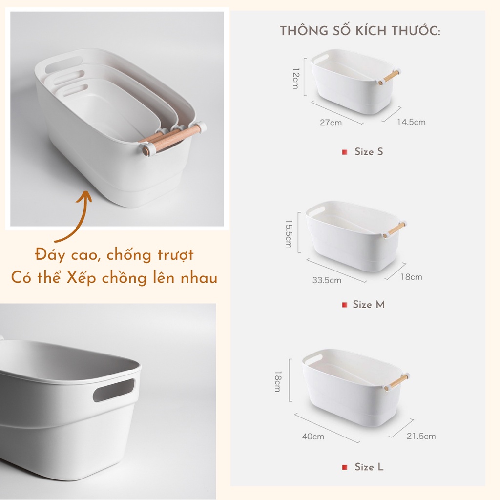 Hộp Nhựa Cứng Màu Trắng Tay Cầm Gỗ, Thùng Nhựa Đựng Đồ, Để Kệ, Quần Áo Mỹ Phẩm Phong cách Hàn Quốc almondconcept