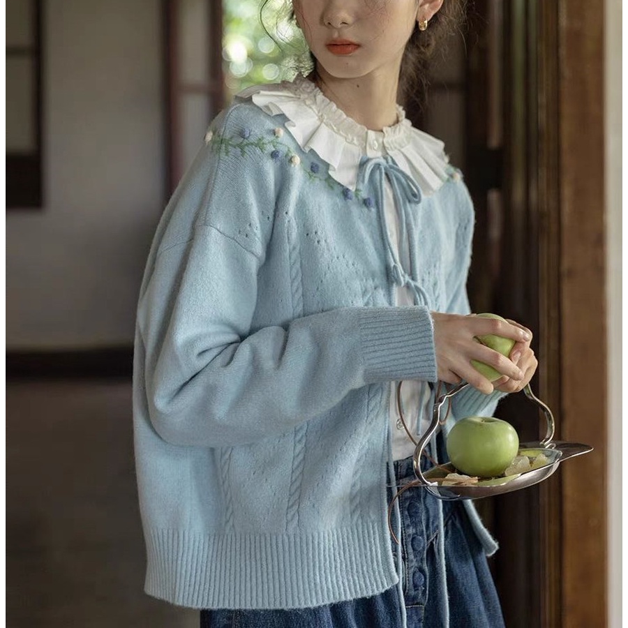 Áo Khoác Cardigan Dệt Kim Ba Chiều Phối Ren Phong Cách Hàn Quốc Thời Trang Xuân Thu Mới Cho Phụ Nữ Tuổi Trung Niên