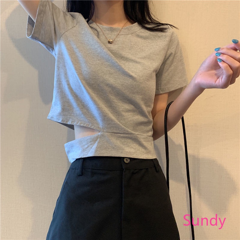 Áo Thun Cổ Tròn Xẻ Tà Màu Trơn Plus Size Cho Nữ