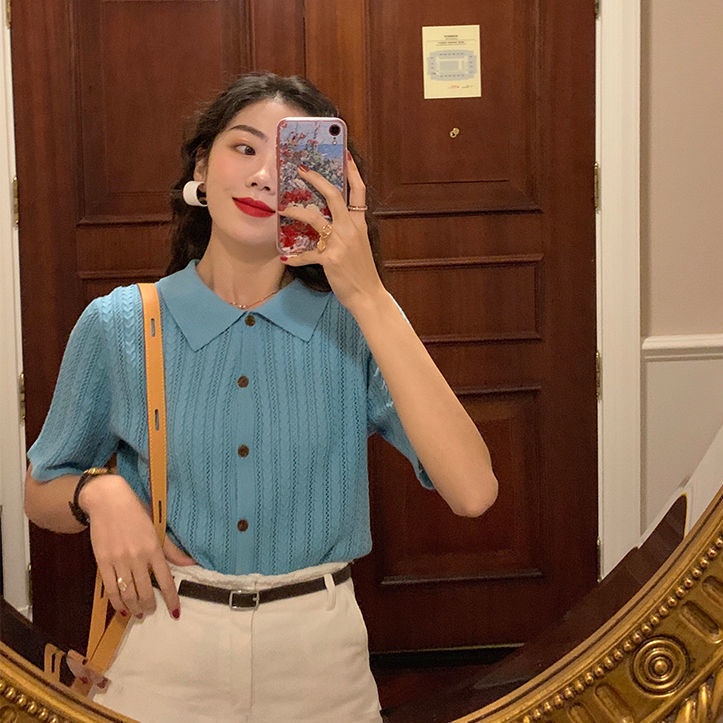 Áo Sweater Lụa Lạnh Cổ Polo Dáng Rộng Ngắn Tay Thời Trang Mùa Hè Dành Cho Nữ 2021