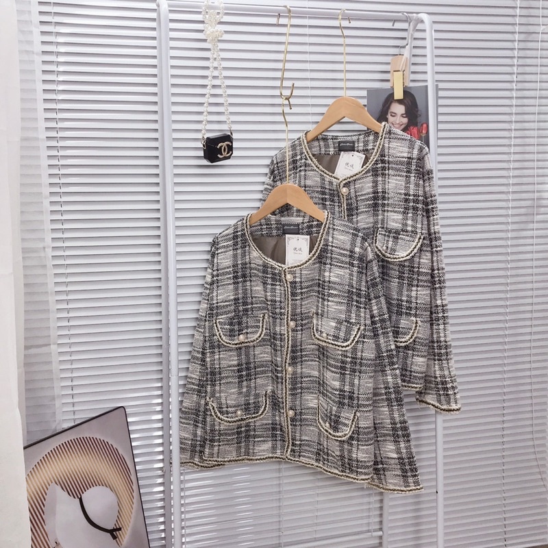 Áo Khoác Dạ Kẻ Viền Nhũ Cúc Ngọc 2 Lớp Sang Chảnh