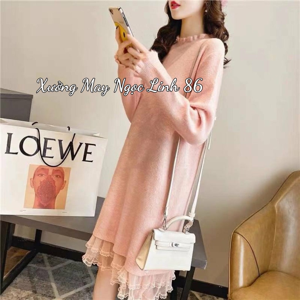 Váy len bầu dáng suông phối ren gấu phong cách Hàn Quốc siêu xinh VL239