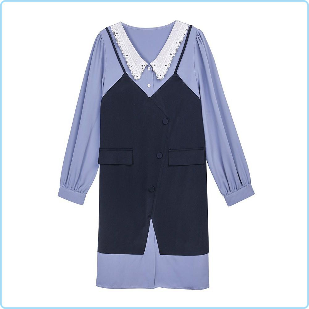 Váy yếm công sở - Đầm thiết kế cho mẹ bầu và sau sinh hàng thu đông màu xanh cổ ren cao cấp HD13