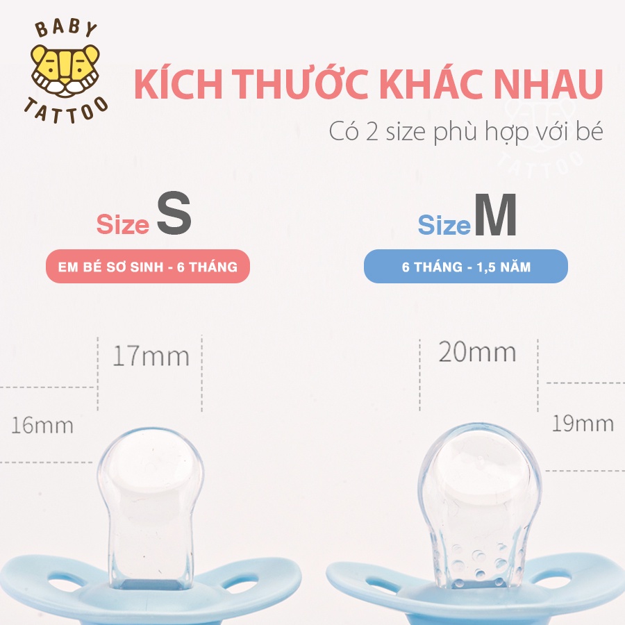 BABY TATTOO Ti Giả Silicone Chuyên Dùng Ban Đêm, Thiết Kế Đầu Ti Dẹp, Cho Bé Từ 0-18 tháng tuổi