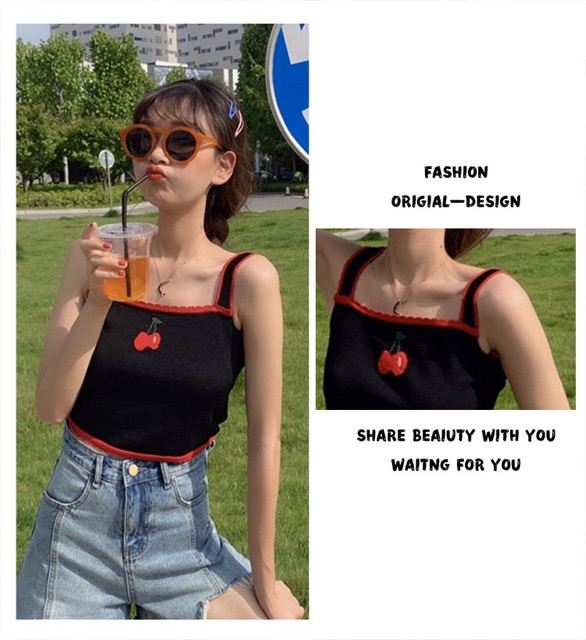 ☘️Ulzzang style☘️Áo Len Hai Dây Cherry☘️ Len Lạnh Mặc Hè☘️Hàng Quảng Châu