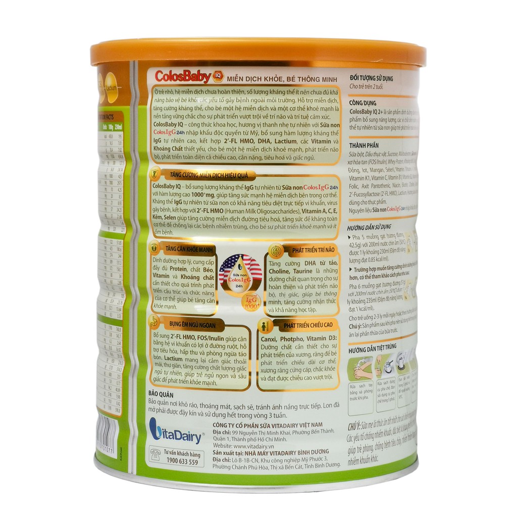 [CHÍNH HÃNG] Sữa Bột VitaDairy ColosBaby IQ Gold 2+ Hộp 800g (Miễn dịch khỏe, bé thông minh)
