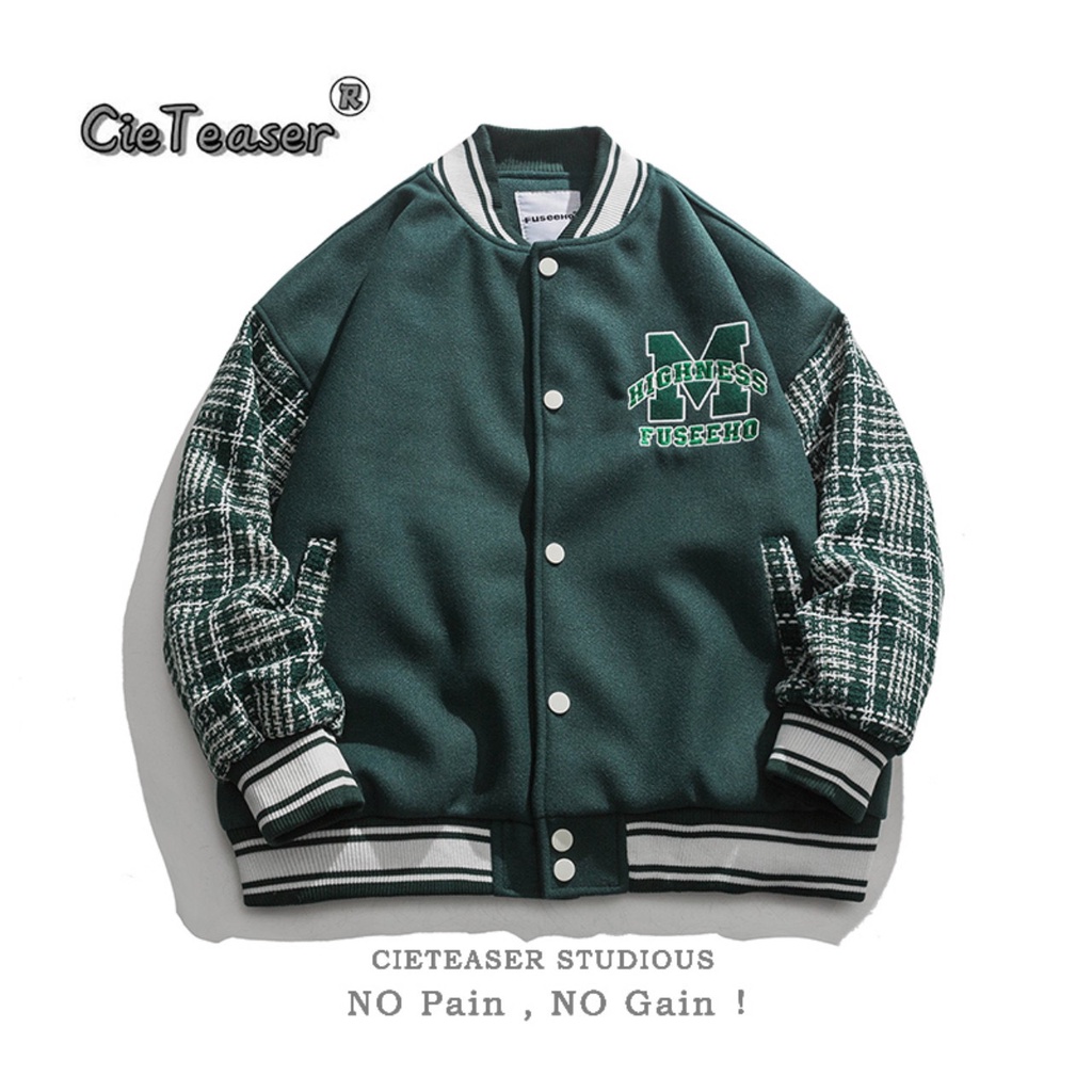 Khoác Bomber Nỉ Nam  Nữ Chữ M Tay Kẻ Bồng Bo Tay Dáng Rộng Unisex Uzzlang Thêu Phối Tay