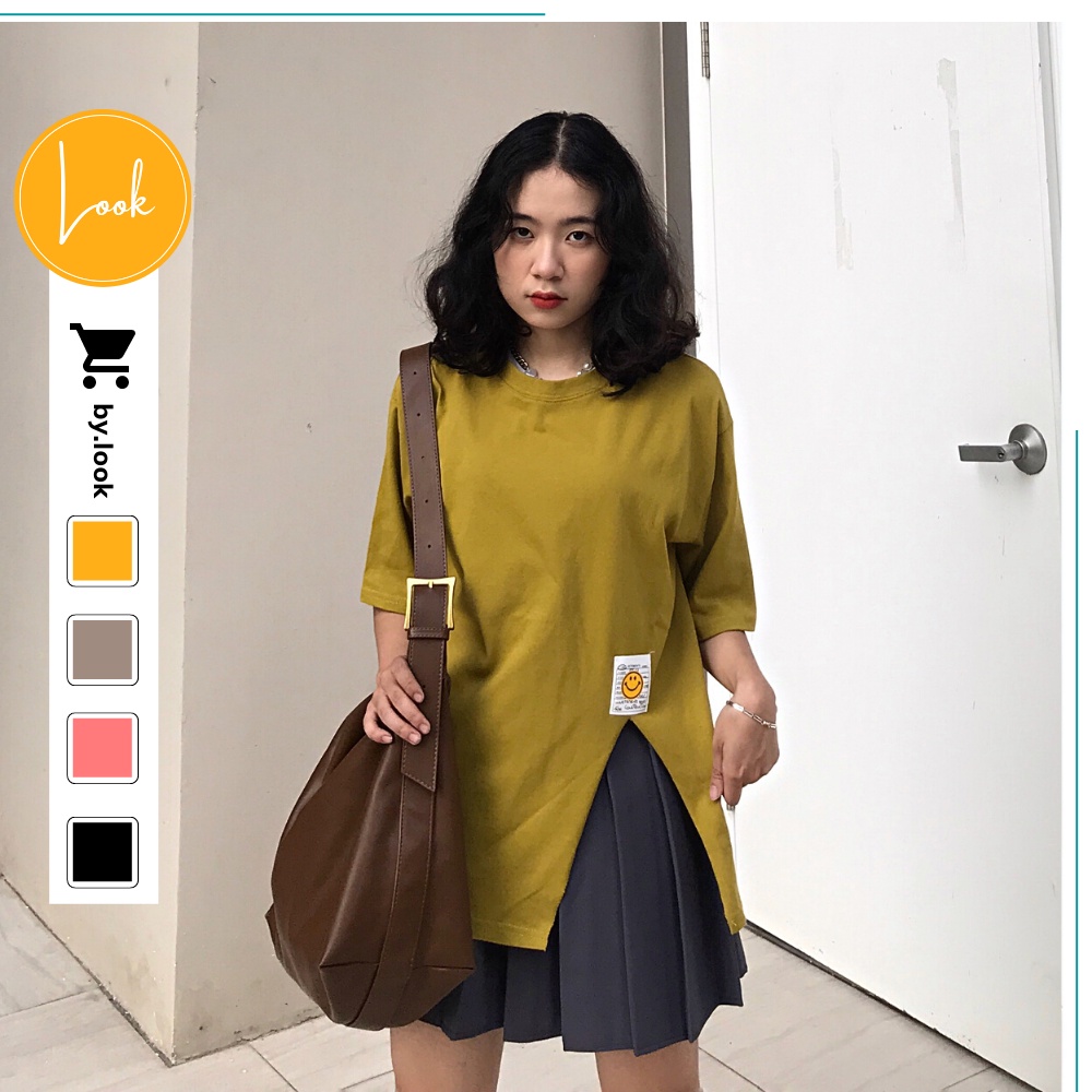 Áo thun xẻ tà Unisex LM Basic Tee phông trơn nữ tay lỡ Freesize form rộng Hàn Quốc | BigBuy360 - bigbuy360.vn