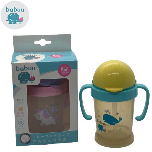 Bình tập uống ống hút silicon tay cầm Babuu Baby 180ml Nhật Bản